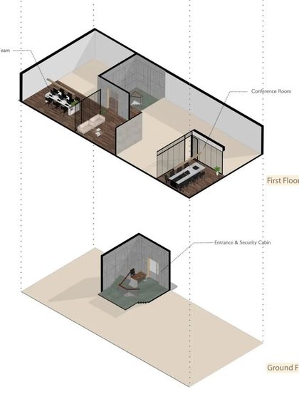 A similar exploded view showing the ground and first floors of the SAS office, detailing the entrance, conference room, and workspaces.