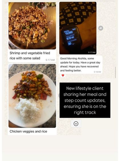 An example of a client check-in. This new lifestyle client is sharing her meal pictures and step count, ensuring she stays on track from day one. Accountability is key.