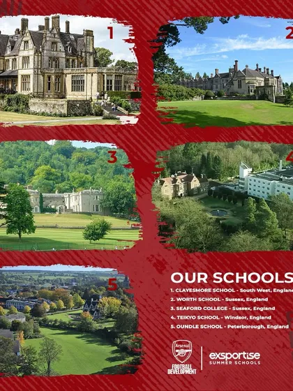 The Arsenal program is hosted at some of England's finest schools, including Clayesmore, Worth School, and Seaford College. This ensures a world-class environment for both training and living.