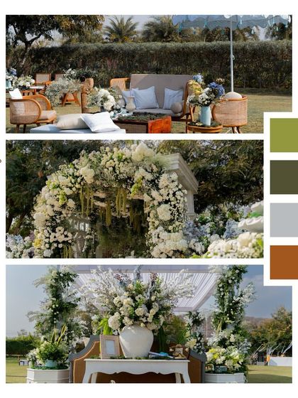 A color palette breakdown of the unconventional Haldi decor, showing the sophisticated mix of olive green, grey, and terracotta with white florals.