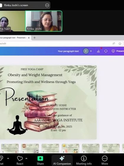 The introductory slide for our online workshop on Obesity and Weight Management. Our student instructor explains how yoga promotes holistic health and wellness, going beyond just physical exercise.