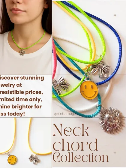 Add a pop of color to your look with my neck chord collection. This collage shows off the bright, trendy, and lightweight necklaces with cute charms like smileys, bows, and suns. They are perfect for everyday wear and make great gifts.