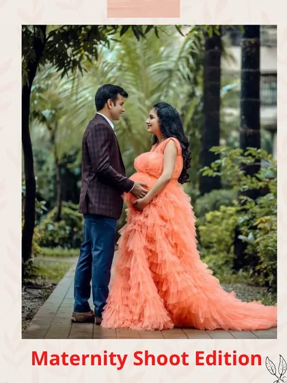 A classic maternity portrait featuring our client in a peach ruffle gown, coordinated with her partner. This image showcases how our rental outfits can create a cohesive and loving family portrait.