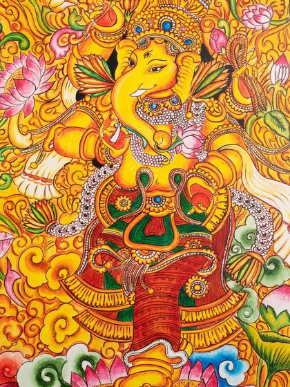 A vibrant Kerala mural style painting of Lord Ganesha, with colors and details captured accurately for art reproduction or sale.