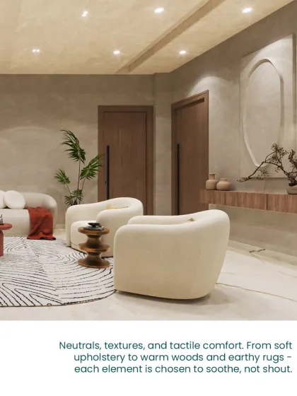 Neutrals, textures, and tactile comfort are the cornerstones of this design. Every element is chosen to create a harmonious and calming environment.