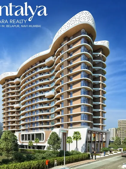 For the Antalya residential tower in Navi Mumbai, we designed a dynamic, flowing facade. The curved balconies and perforated screens create a sense of movement and play with light and shadow, giving the building a unique and organic form.