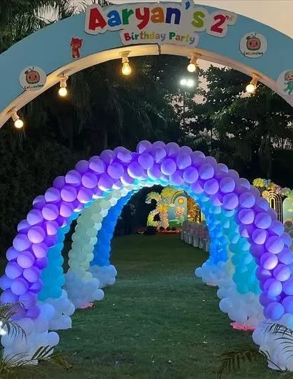 Welcome your guests in style with a grand entrance. For this Cocomelon themed party, I built an incredible rainbow balloon tunnel that leads guests into the celebration, setting a fun and exciting mood right from the start.
