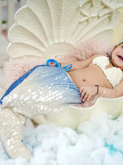 A close-up of our six-month-old mermaid, whose sequined tail shimmers beautifully in the light.