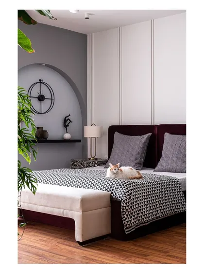 The master bedroom features a comfortable bed with a patterned throw, and a playful cat enjoying the space. An arched niche with a display shelf continues the architectural theme from the entryway.