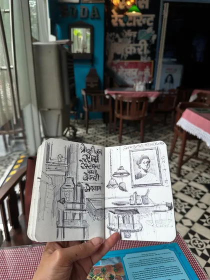 A pen and ink sketch from inside the charming SodaBottleOpenerWala, a Parsi cuisine restaurant. I love capturing the vintage details and unique atmosphere of Mumbai's eateries.