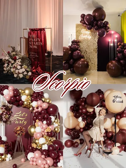 Zodiac decor aesthetics: Scorpio. Mysterious, passionate, and intense. A Scorpio-themed event calls for deep, moody colors like burgundy and black, with a touch of gold for drama.