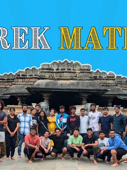 A "Trek Mates" graphic featuring a group in front of a stunningly carved Hoysala temple.