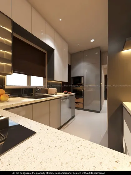 A modern kitchen with a mix of grey and white handleless cabinets. The design includes a built-in oven and a sleek, integrated look.