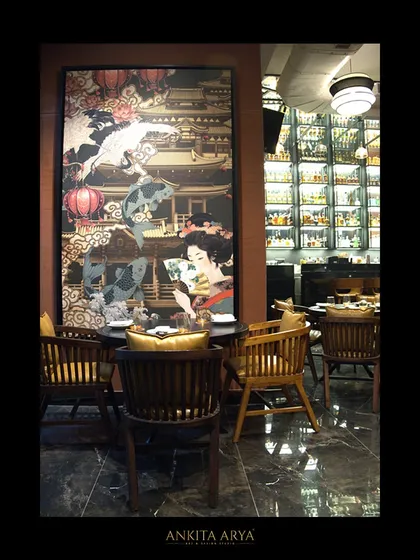 An oriental pop art piece in Shanghigh, featuring a modern take on traditional motifs like koi fish and lanterns, adding a whimsical touch to the bar area.