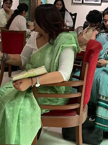 A candid moment from our museum studies workshop. The setting, a beautifully restored haveli, provides a rich context for discussing how heritage spaces can be repurposed for contemporary cultural use.