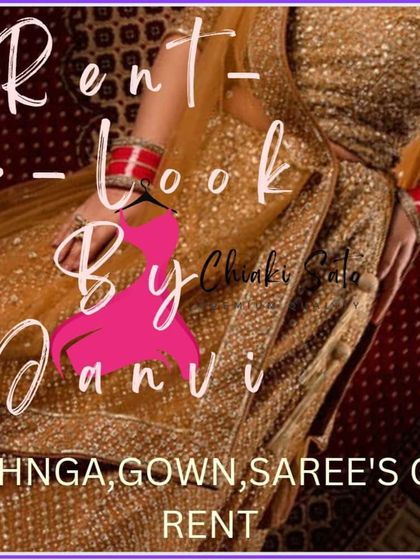 My service is simple: get the best designer lehengas, gowns, and sarees on rent. This graphic shows a glimpse of a golden bridal lehenga, representing the quality and style you can expect from my collection.