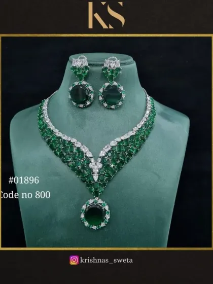 The same premium American diamond set, shown here in a classic emerald green. This is a timeless piece that exudes luxury and sophistication.