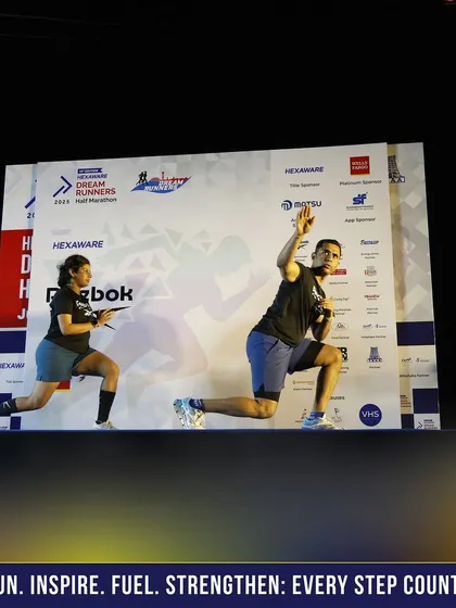 No mic, no problem. Here I am leading a warm-up for 7,000 runners at the Dream Runners Half Marathon in Chennai, using just body language.