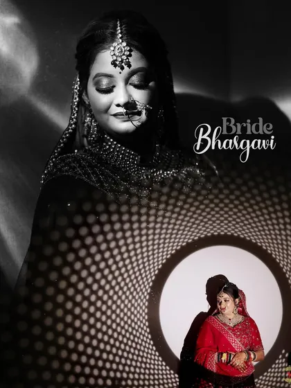 An artistic bridal portrait using patterned light and shadow, with her name elegantly displayed.