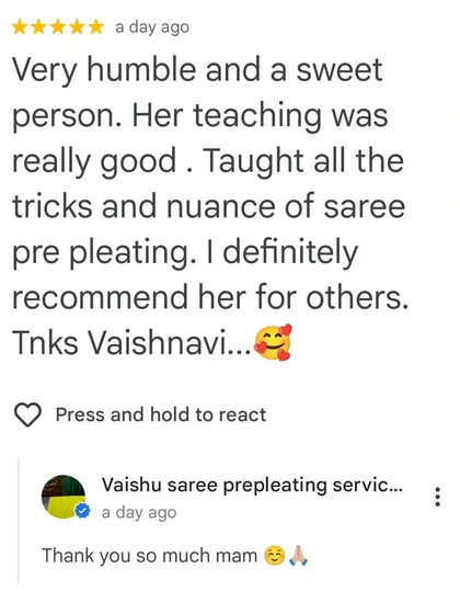 I am so happy to receive feedback like this. My focus is always on teaching the small tricks and details of saree pre-pleating with patience, and it's wonderful to see students feel confident.