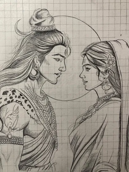 The detailed pencil sketch for the Shiv Parvati painting. Using a grid helps me get the proportions and composition just right for this intimate portrait.