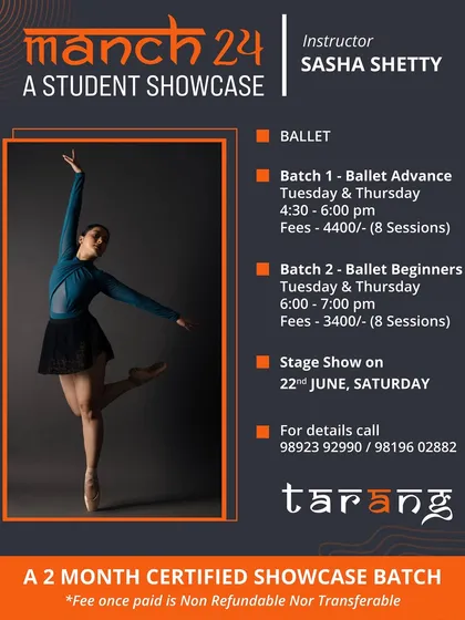 This poster details the Ballet showcase batches for Manch '24, offering both beginner and advanced levels for aspiring performers.