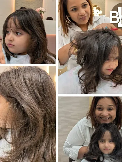 The youngest client of the day brought the biggest smile. This collage captures the adorable moments of a child's first layered haircut.