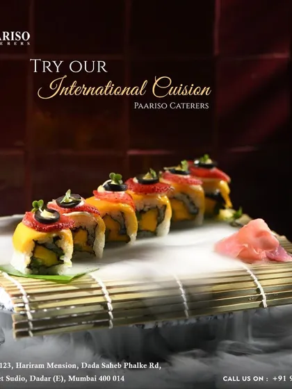 Try our international cuisine. This image showcases our beautifully crafted sushi rolls, demonstrating our skill in preparing delicate and artistic global dishes.