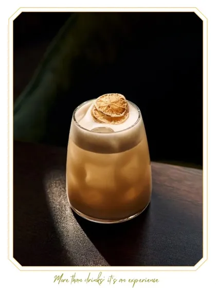 A perfectly crafted Whisky Sour, captured in the light. We focus on the details, from the quality of the spirits to the texture of the foam and the dehydrated citrus garnish, ensuring every drink is a sensory experience.