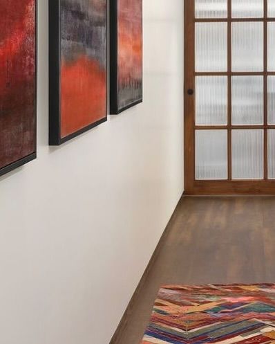 A detail of the West Coast Residence hallway, where a colorful rug and a series of abstract paintings lead the eye towards a fluted glass pocket door.