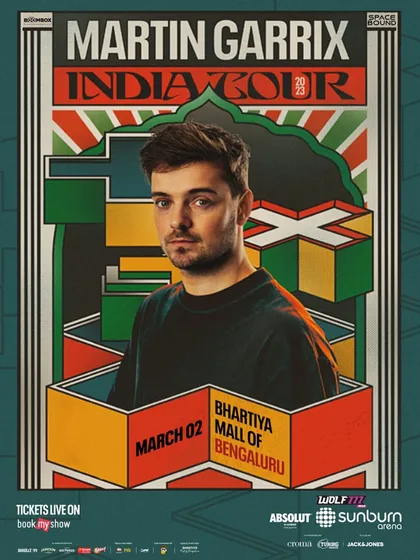 The official poster for the Martin Garrix India Tour in Bengaluru, showcasing the unique artwork for the event.
