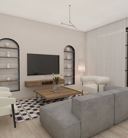 A 3D render of a Scandinavian living room with an open kitchen. The arched niches next to the TV provide a unique display space.