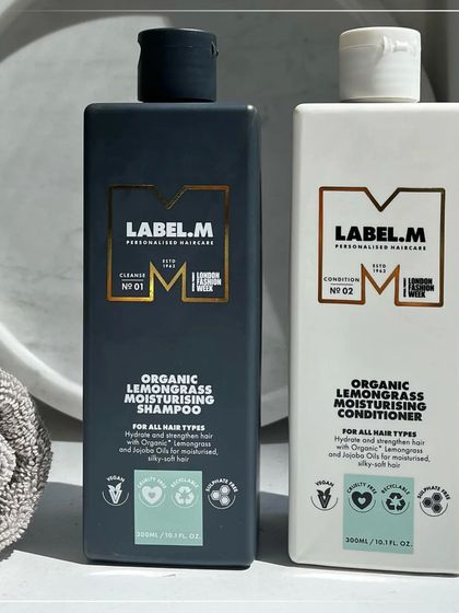 The Label.M Organic Lemongrass Moisturising Shampoo and Conditioner. This vegan and cruelty-free duo is formulated with organic ingredients to hydrate and strengthen all hair types for a silky-soft finish.