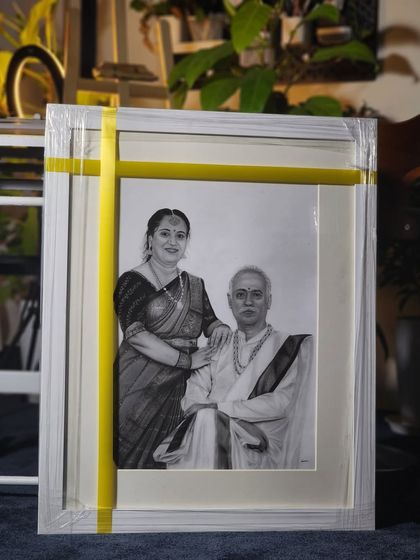 The framed portrait in my studio, showing how it looks in a home-like setting.