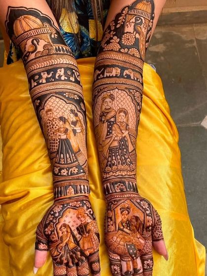 A full-arm design packed with story elements. It includes multiple couple portraits, wedding scenes, and traditional motifs, creating a rich tapestry of art.