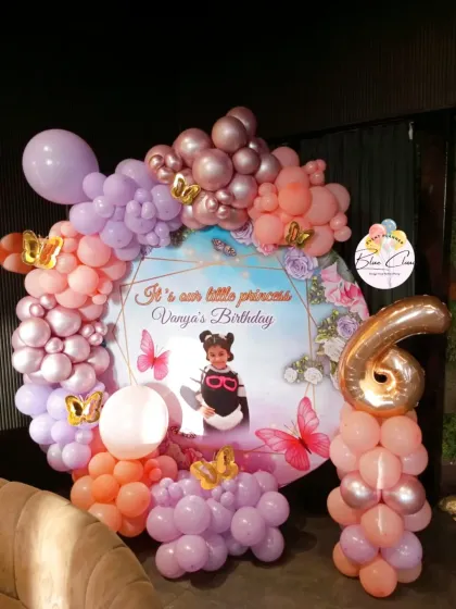 A 'little princess' butterfly theme for a 6th birthday, with a custom photo backdrop and a pastel balloon garland.