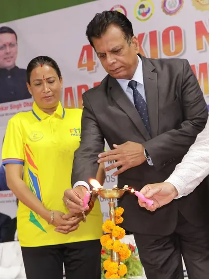 The traditional lamp lighting ceremony to inaugurate the 4th KIO National Championship in Dehradun, a symbol of bringing light and knowledge to the sport.
