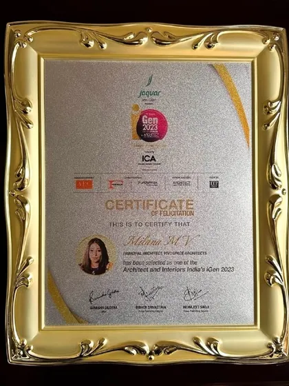 A tangible representation of a significant milestone, this is our framed certificate for being selected as one of Architect and Interiors India's iGen Top 50 under 40 for 2023. This recognition from a leading industry publication affirms our position among the nation's promising young design minds.