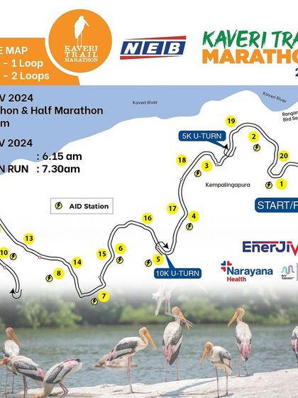 Here is your complete route map for the Kaveri Trail Marathon. Plan your race for the 21.1K, 42.2K, 10K, and 5K Fun Run, including aid station locations.