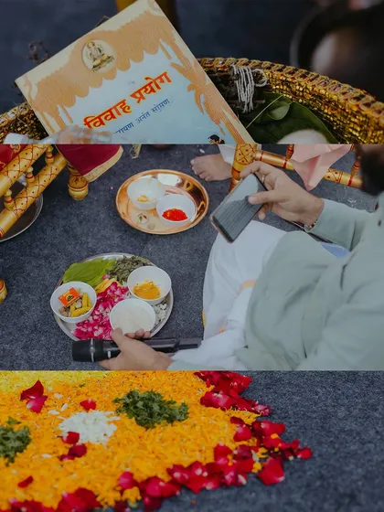A detailed look at the elements of a Maharashtrian wedding ceremony, including the 'Vivah Prayog' book and floral rangoli.