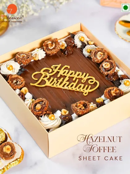 Make your birthday celebration extra special with our Hazelnut Toffee Sheet Cake. It's the perfect blend of rich chocolate, crunchy hazelnuts, and smooth toffee, designed to be shared with friends and family.