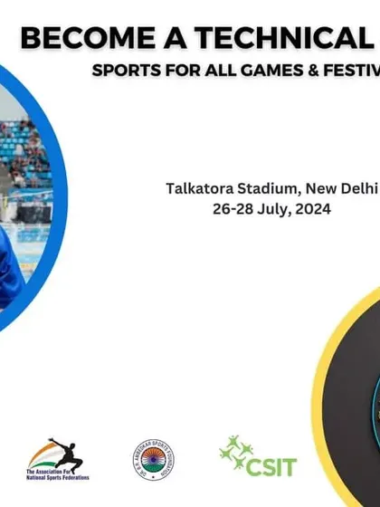 We provide pathways beyond just coaching, including opportunities to become a certified Technical Official for national sporting events. This poster announces our call for officials for the 'Sport for All Games & Festival 2024,' a major event held at Talkatora Stadium, New Delhi.
