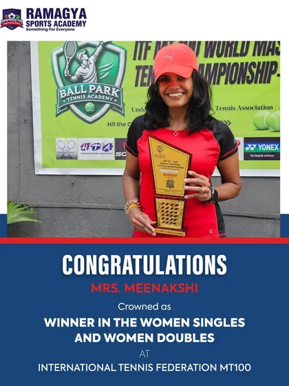 We celebrate every victory, big and small. Here is our star player, Mrs. Meenakshi, with her winner's trophy after securing titles in both Women's Singles and Women's Doubles at the International Tennis Federation MT100 tournament.