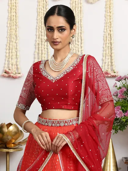 A close-up of the red embroidered blouse, showing the delicate pearl detailing and brocade sleeves.