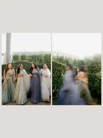 A creative diptych of the bride with her bridesmaids, one sharp and one with motion blur, capturing both a moment and a feeling.