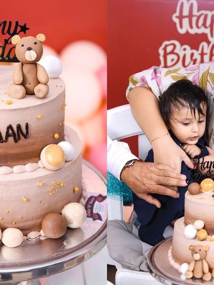 A closer look at a teddy bear themed first birthday cake, alongside a shot of the family helping the little one with the cake cutting. We ensure every detail, from the cake to the memories, is perfect.
