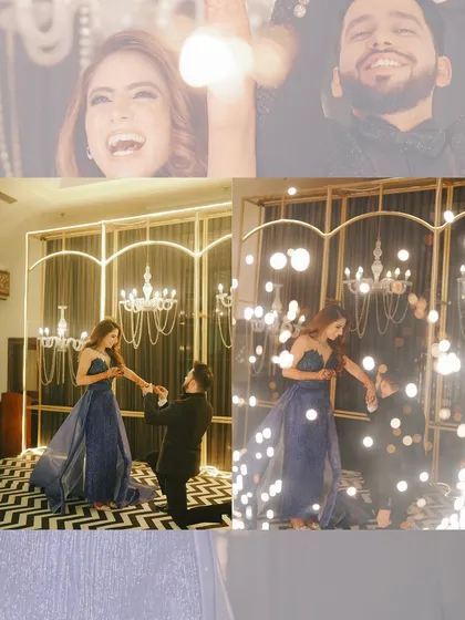 A collage of the proposal moment during the engagement party. The groom is on one knee, surrounded by a beautiful setup of lights, creating a magical memory.