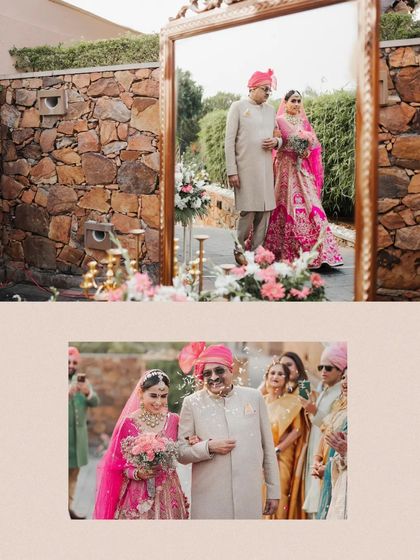 A collage of the bride's entry, her father walking her down the aisle, and a reflection shot in a large mirror.