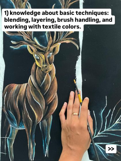 In my fabric painting workshop, you will gain knowledge about basic techniques like blending, layering, and brush handling with textile colors, as seen here with this deer painting.