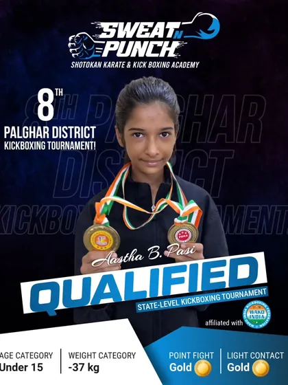 Aastha B. Pasi, competing in the Under 15 category, secured double gold medals. Her technical skill and fighting spirit made us all proud at the district tournament.